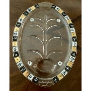 VINTAGE MCM Inland Glass ATOMIC STAR GLASS OVAL PLATTER - 1950s Black White Gold